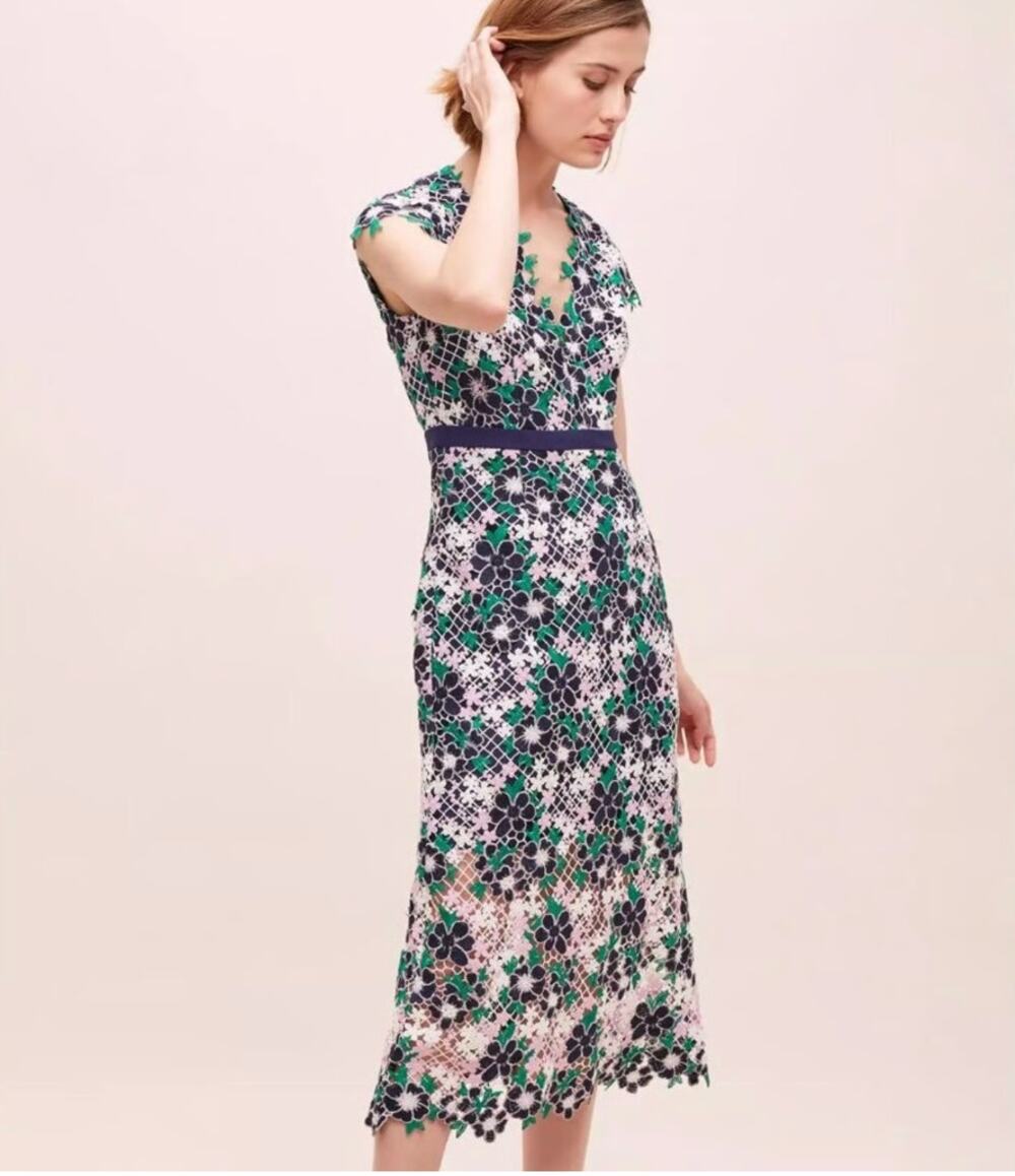 Anthropologie Foxiedox Floral Lace Midi Sheath Dress Navy Green Illusion Cap S